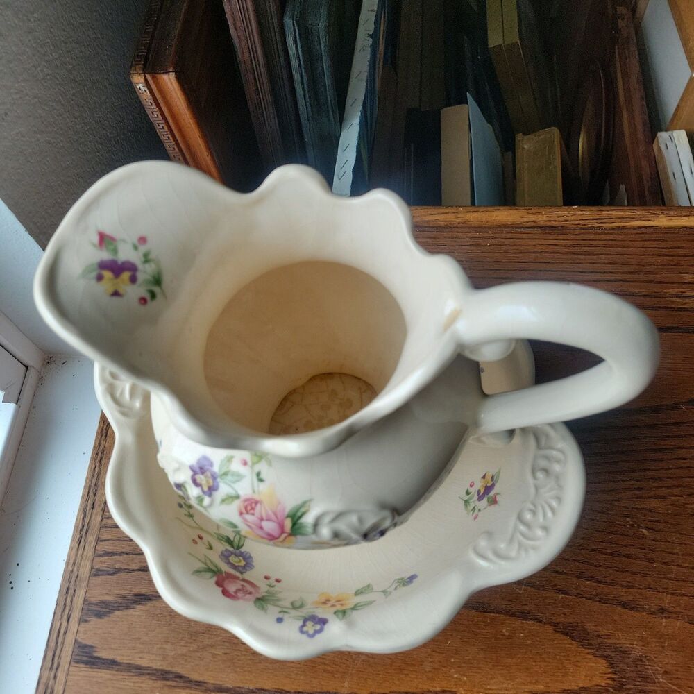 Vtg 1930s British Ceramic Pitcher & Wash Basin Bowl Set Floral Rose Art Deco Era - Picture 3 of 16